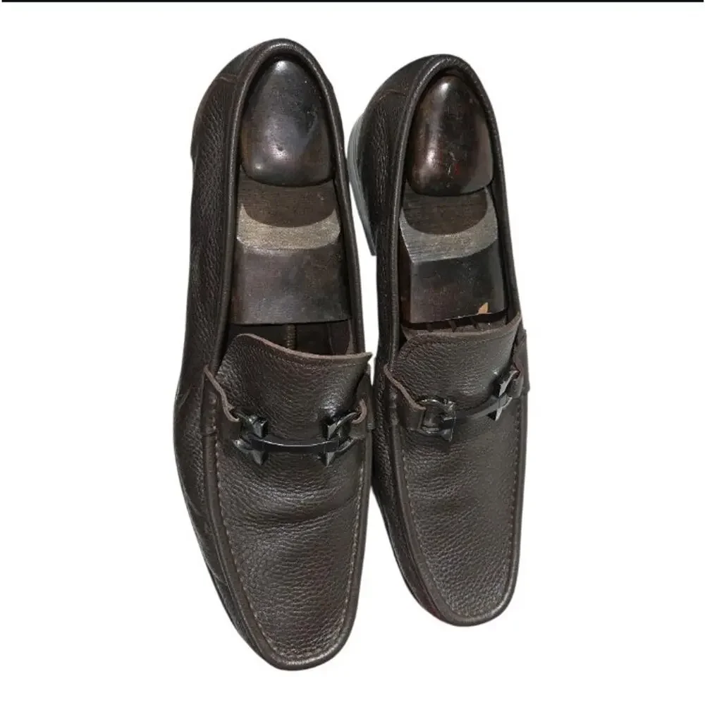 Ferragamo Grandioso Gancini Bit Brown Pebble Leather Loafers Men’s Sz 12 D